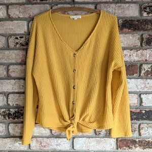 🌼 Another Reason Mustard Yellow Waffle Knit Cardigan Drop Shoulder with Tie L